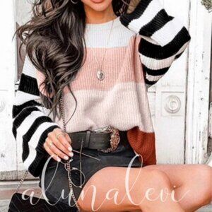 Cozy Multicolor Color Block Knit Sweater Top